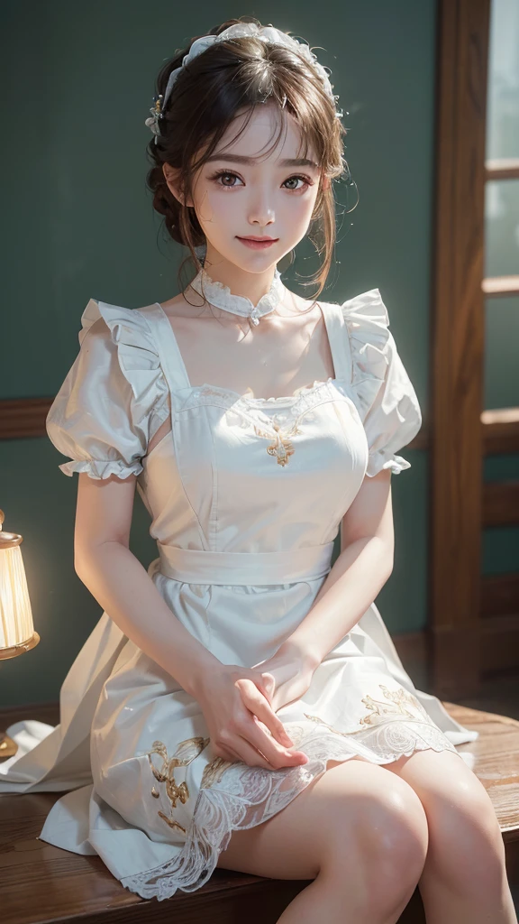HDR,uhd,8K,High Detail,Best quality,masterpiece,Best quality,lifelike,1 Girl,whole body,Sitting,Ruffles,apron,White skin,White skirt,Simple background,Studio Lighting,(EOS R8,50mm,F1.2,8K,RAW photos,headlight,(((masterpiece)),((Best quality,super fine illustrations)),((Very delicate light)),((fine lighting,非常精细的8KCG壁纸)),Smile