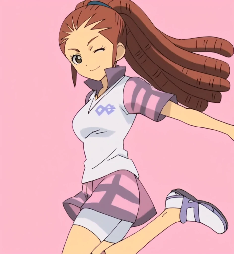 score_9, score_8_superior, score_7_superior, score_6_superior, score_5_superior, score_4_superior, sauce_anime, One girl, Mido Reika, Dreadlocks, Long Hair, High Ponytail, Brown eyes, Pause,, smile, View your viewers, Big Breasts ballerina ballet Anne O Wink heart Infatuated Pink background heart乱舞