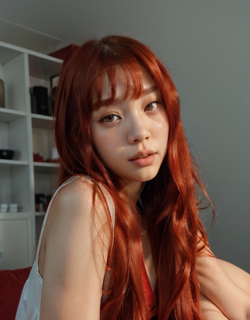 There is a woman with red hair posing for a photo, lalisa manobal, A woman young, she has long curly hair, the hime cut, with long straight red hair, with straight red hair, cabelo rot brilhante, long bright red hair, rot, she has red hair, retrato de asuka langley soryu, lalisa manobal, clear and beautiful skin, Pale, delicate asian, ulzzang goodness, long hair with bangs