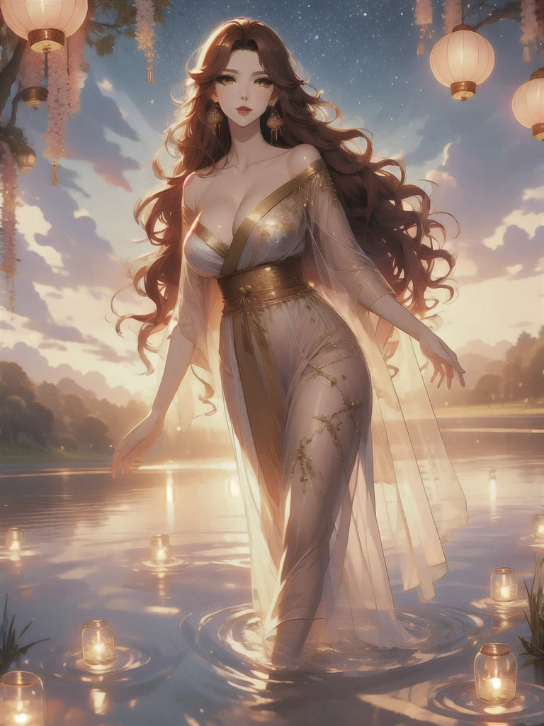 UHD, textured skin, high detail, anatomically correct, SOLO, 1 female, Xian mei, unique golden eyes, long red curly hair, jewelry, round, big breasts, perfect anatomy, walking by the lake, clear water nude, nude, sexy, hot , stars at night, shooting stars, wonderful sky, dear night sky,
