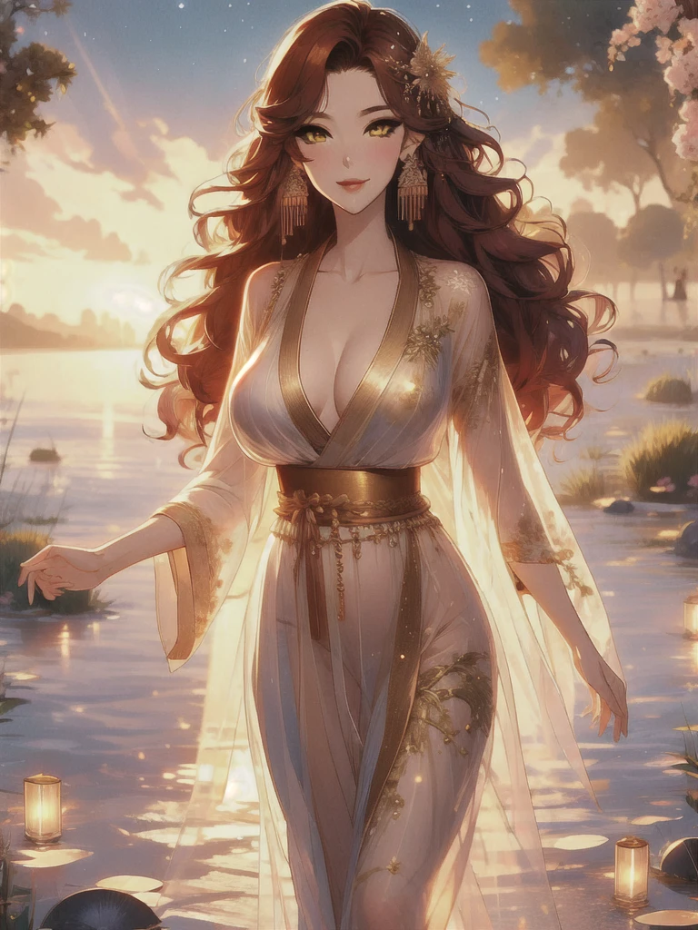 UHD, textured skin, high detail, anatomically correct, SOLO, 1 female, Xian mei, unique golden eyes, long red curly hair, jewelry, round, big breasts, perfect anatomy, walking by the lake, clear water nude, nude, sexy, hot , stars at night, shooting stars, wonderful sky, dear night sky,
