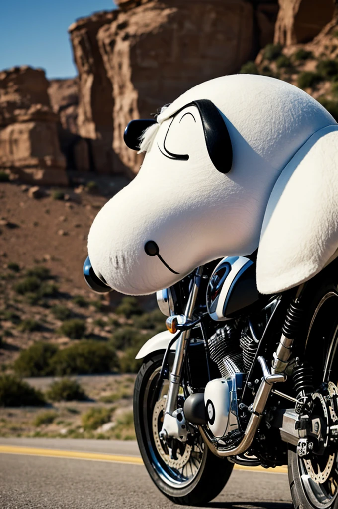Snoopy in profile on motorcycle angry