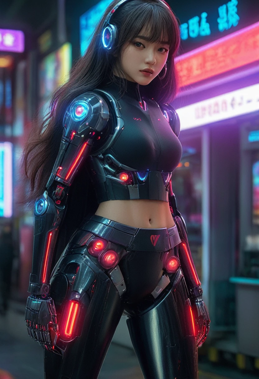 xxmixgirl. Highly detailed professional 35mm film, bokeh, face in sharp focus. A robotic female, Miku, with ((metal skin)), ((perfect Asian eyes)) with magenta irises and ((black pupils)), beautiful serious (detailed face), 18 year old ((photorealistic face)), very long magenta twin tails of magenta hair, twin black hair ties with a single red stripe. She may have a black audio headpiece. We can see her ((full body)) down to her boot soles. Her outfit is a sleeveless collared light grey shirt, outlined in red around the frilled collar and hems. Shiny reflective ((metallic breast cups, dimpleless)), invisible nipples. She wears black sleeves with red hems that start around her upper arm and bellow out as the sleeves open and extend to her wrists, with wide trumpet red rimmed cuffs. She has perfect robotic (detailed hands). She wears a red colored tie with two horizontal solid parallel black lines halfway across. She wears a fabric black skirt with a horizontal red hem at the bottom all the way around; her (((black skirt wraps around her))) and ((her skirt completely covers)) her robotic waist and thighs. Tall black boots with red bottom soles, a red rim around the top at her thighs. Her mechanical shoulder joints are visible. We can see her robotic legs and robotic neck. Half of her is covered with shiny polished machinery. The background is a distant dark neon futuristic Japanese city, gold, cyan, violet neon, near harbor or mountains.
