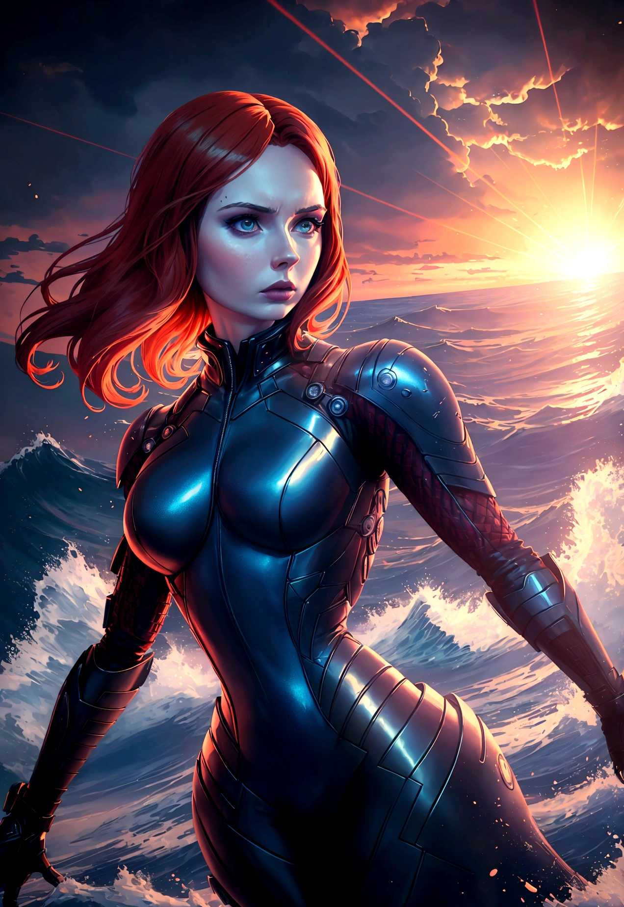 (woman inspired by Karen Gillan:1.2), (synthwave style:0.8), intricate, highly detailed, antrum, light wave, sun sunset, blue skies, photorealistic, 8k, masterpiece, cinematic, dramatic lighting, vivid colors, chiaroscuro, moody atmosphere, dramatic expression, powerful, elegant, beautiful, graceful, captivating