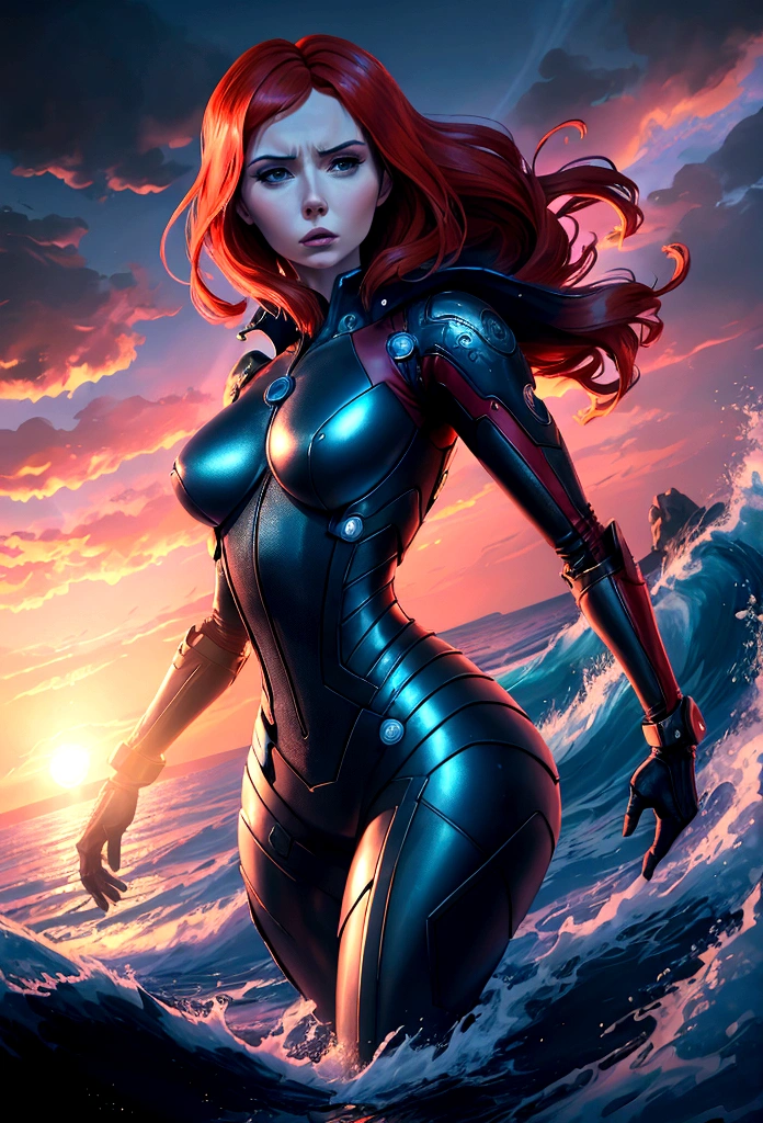 (woman inspired by Karen Gillan:1.2), (synthwave style:0.8), intricate, highly detailed, antrum, light wave, sun sunset, blue skies, photorealistic, 8k, masterpiece, cinematic, dramatic lighting, vivid colors, chiaroscuro, moody atmosphere, dramatic expression, powerful, elegant, beautiful, graceful, captivating