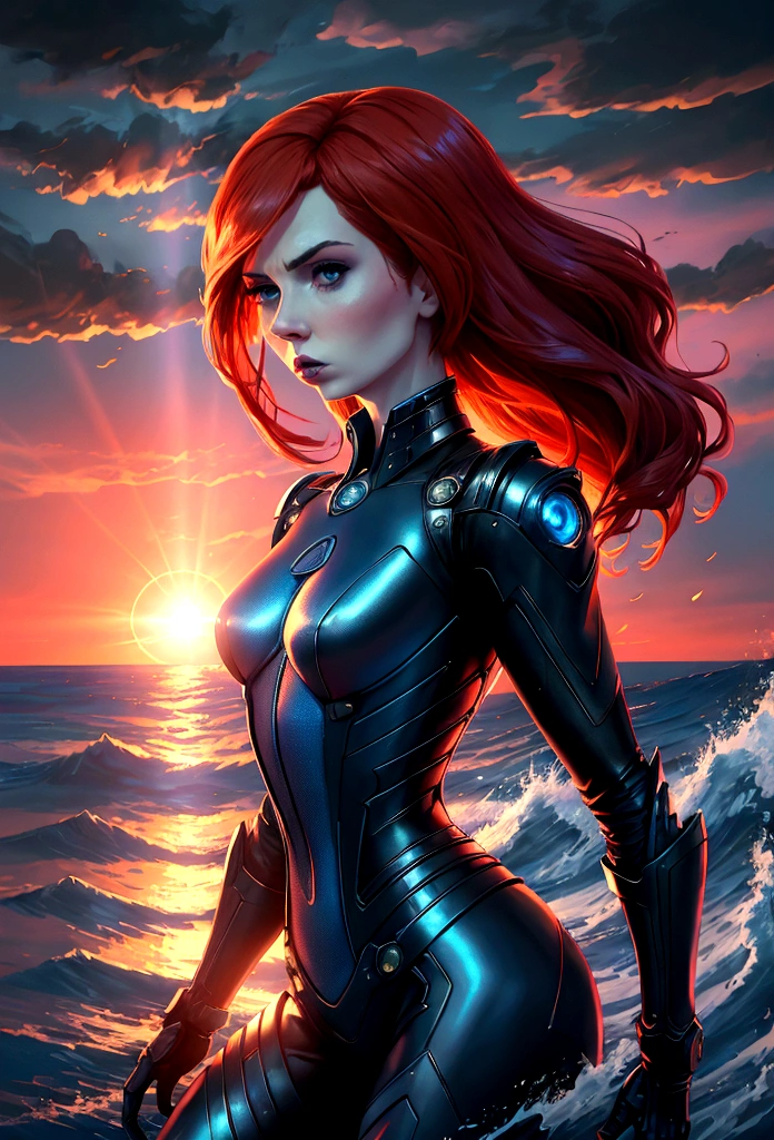 (woman inspired by Karen Gillan:1.2), (synthwave style:0.8), intricate, highly detailed, antrum, light wave, sun sunset, blue skies, photorealistic, 8k, masterpiece, cinematic, dramatic lighting, vivid colors, chiaroscuro, moody atmosphere, dramatic expression, powerful, elegant, beautiful, graceful, captivating