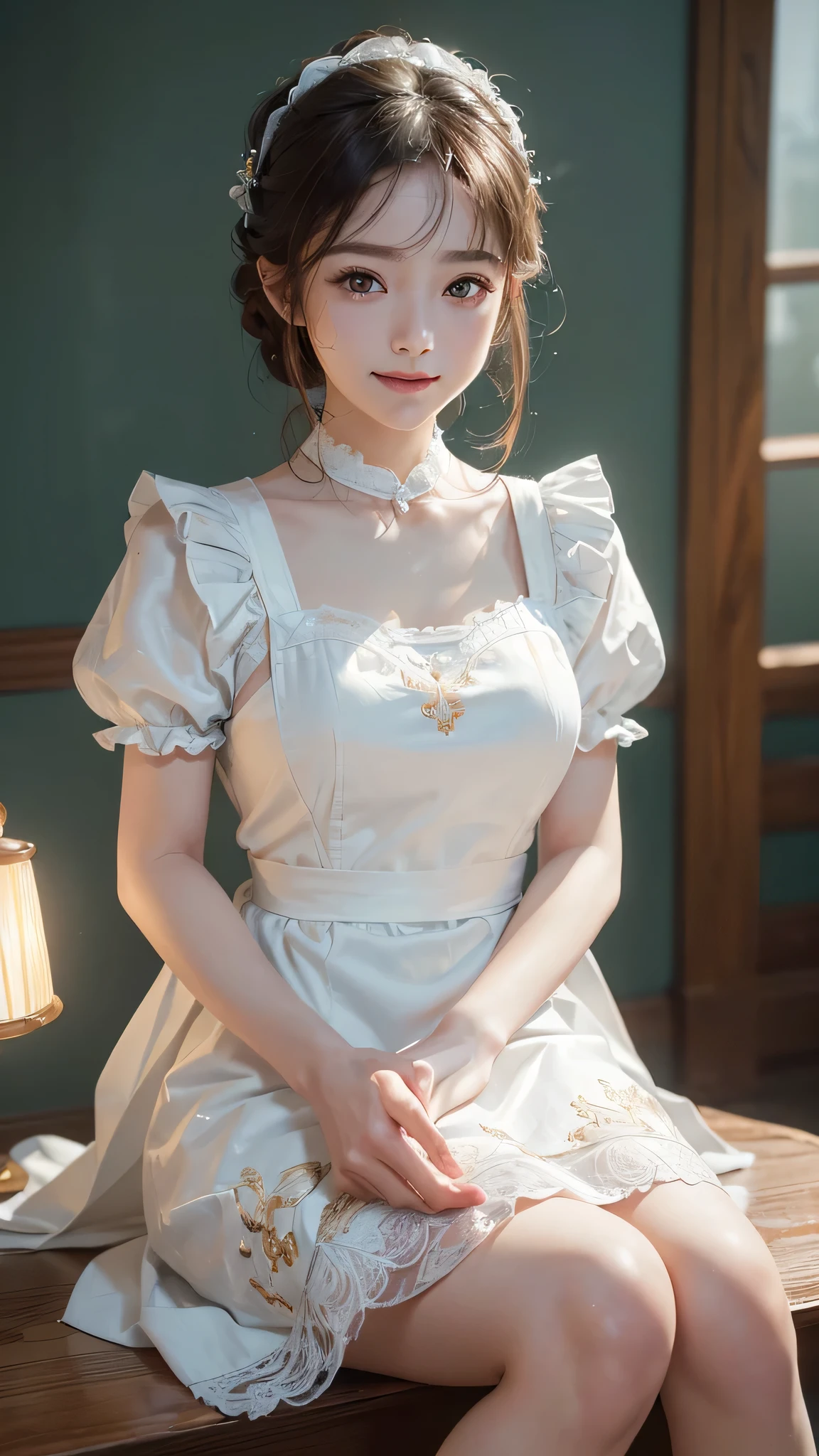 HDR,uhd,8K,High Detail,Best quality,masterpiece,Best quality,lifelike,1 Girl,whole body,Sitting,Ruffles,apron,White skin,White skirt,Simple background,Studio Lighting,(EOS R8,50mm,F1.2,8K,RAW photos,headlight,(((masterpiece)),((Best quality,super fine illustrations)),((Very delicate light)),((fine lighting,very fine 8KCG wallpaper)),Smile
