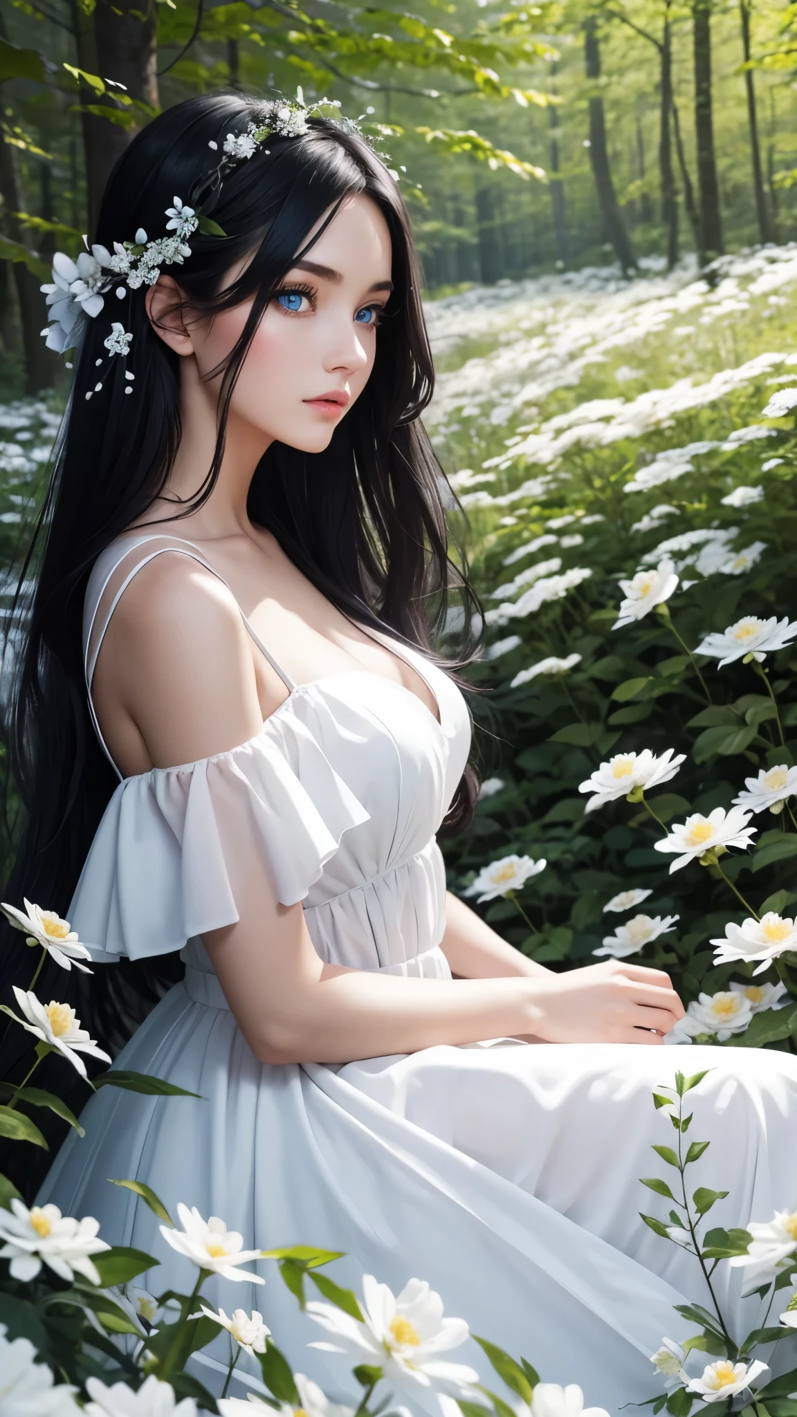 Beautiful girl with blue eyes and black hair wearing elegant white dress in a beautiful forest full of flowers