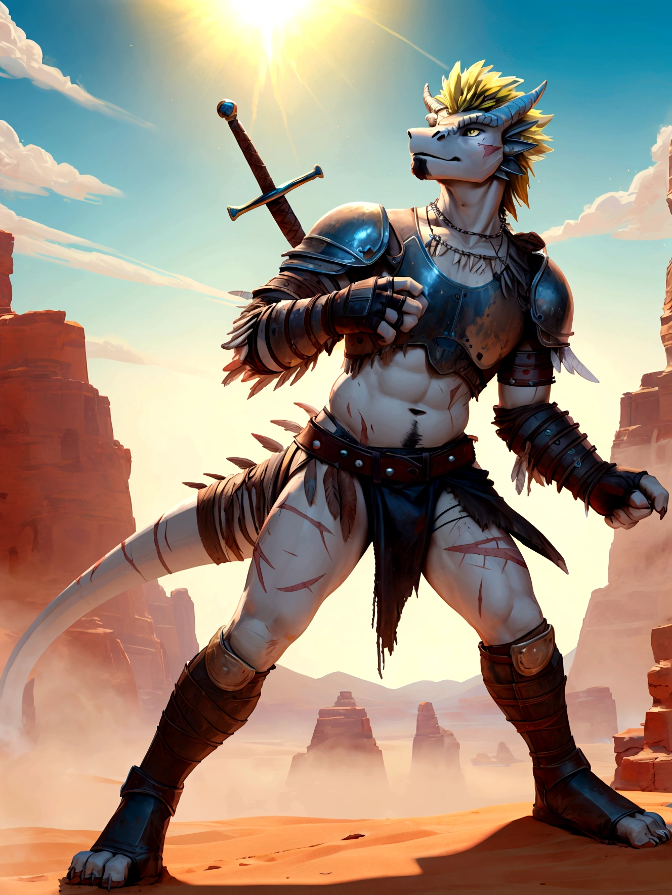 Solo Sexy young anthro scalie dragon male rebel desert tribal warrior, slim endomorph muscular, anthro handsome gay shorter muzzle, handsome gay model male apperance, sword scars, worn out leather skimpy armament, low on hips heavy leather belt, old very worn out skimpy dirty linen material tribal jockstrap, old white dirty worn out yellow stains on white sawn jockstrap, very visible "x" brown seam pattern on the jockstrap, studded with bones skimpy tribal armlets tribal breastplate armor, skimpy bones tribal breastplate, leather bondages, fingerless leather gloves, smelly unwashed husk, dirty body look, desert battlefield, standing in sexy fighting position, legs wide open, close view of full character