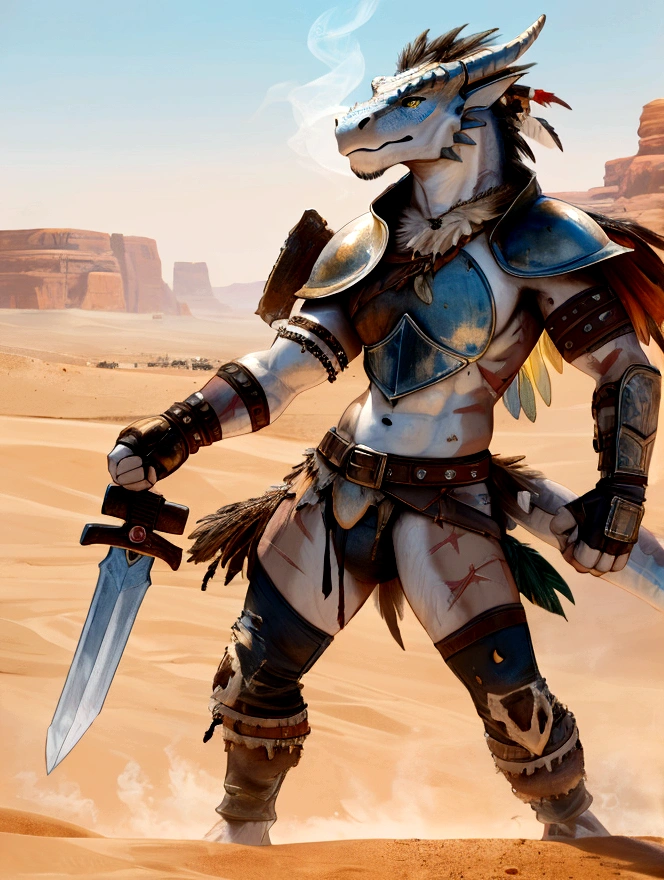 Solo Sexy young anthro scalie dragon male rebel desert tribal warrior, slim endomorph muscular, anthro handsome gay shorter muzzle, handsome gay model male apperance, sword scars, worn out leather skimpy armament, low on hips heavy leather belt, old very worn out skimpy dirty linen material tribal jockstrap, old white dirty worn out yellow stains on white sawn jockstrap, very visible "x" brown seam pattern on the jockstrap, studded with bones skimpy tribal armlets tribal breastplate armor, skimpy bones tribal breastplate, leather bondages, fingerless leather gloves, smelly unwashed husk, dirty body look, desert battlefield, standing in sexy fighting position, legs wide open, close view of full character