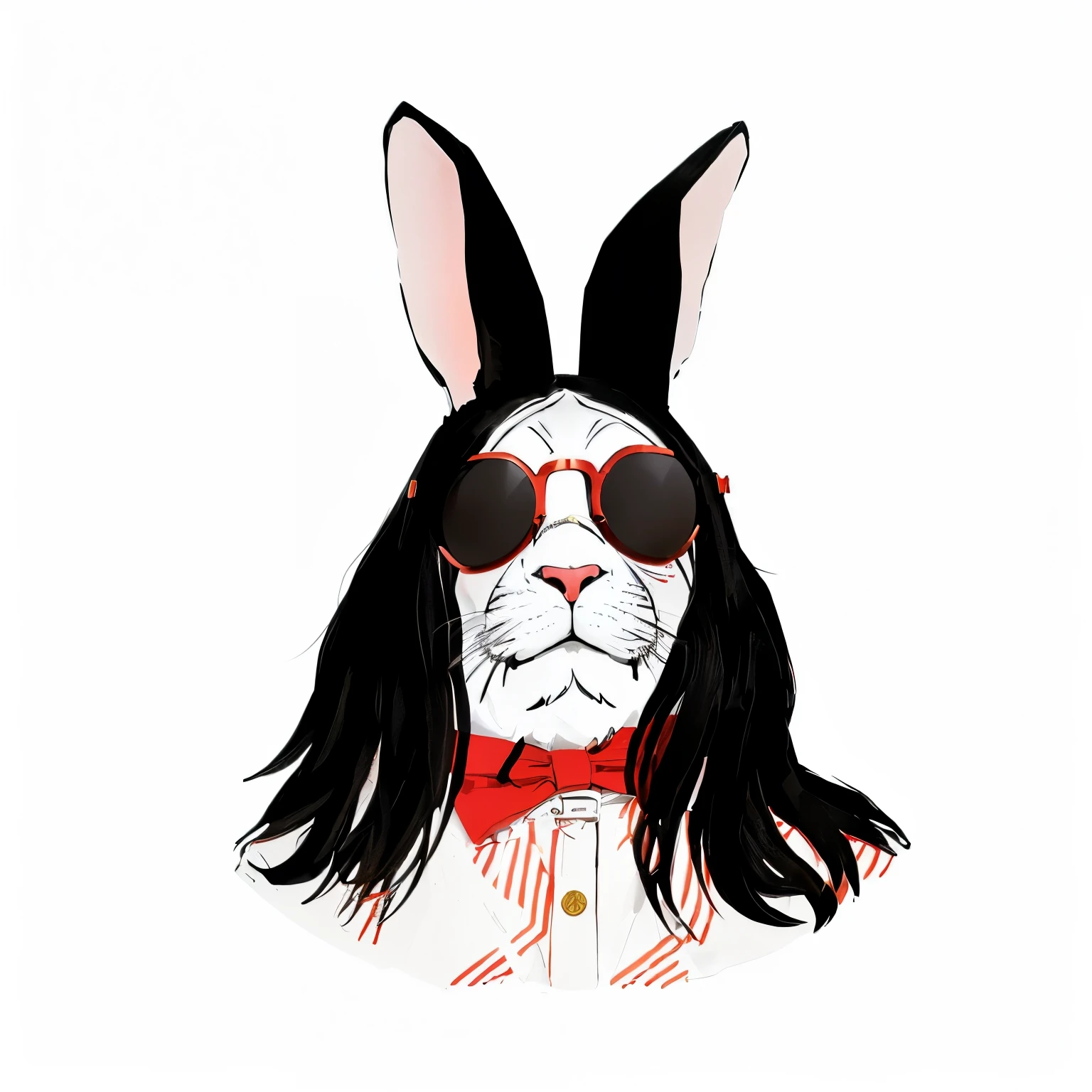 there is a drawing of a кролик wearing sunglasses and a red bow tie, Портрет Багза Банни, anthropomorphic кролик, with long floppy кролик ears, милый антропоморфный кролик, with bunny кролик ears, кролик-панк, the кролик has pink fur, with big кролик ears, white кролик, the white кролик, кролик, кролик ears, в костюме кролика, в пмджаке от кутюр с вышивкой в виде облаков