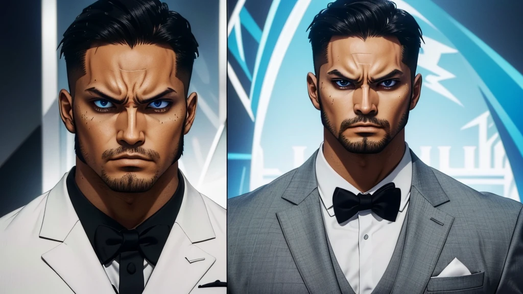 Create a male character with a serious expression. He must have a penetrating gaze. The face must convey strength and determination. Dress him in formal clothes, like a dark suit, and add details that reinforce your strong personality. Make the image colorful. The character must have the look of a warrior.