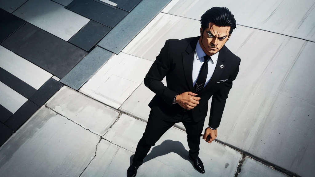 Create a male character with a serious expression. He must have a penetrating gaze. The face must convey strength and determination. Dress him in formal clothes, like a dark suit, and add details that reinforce your strong personality. Make the image colorful. The character must have the look of a warrior. 