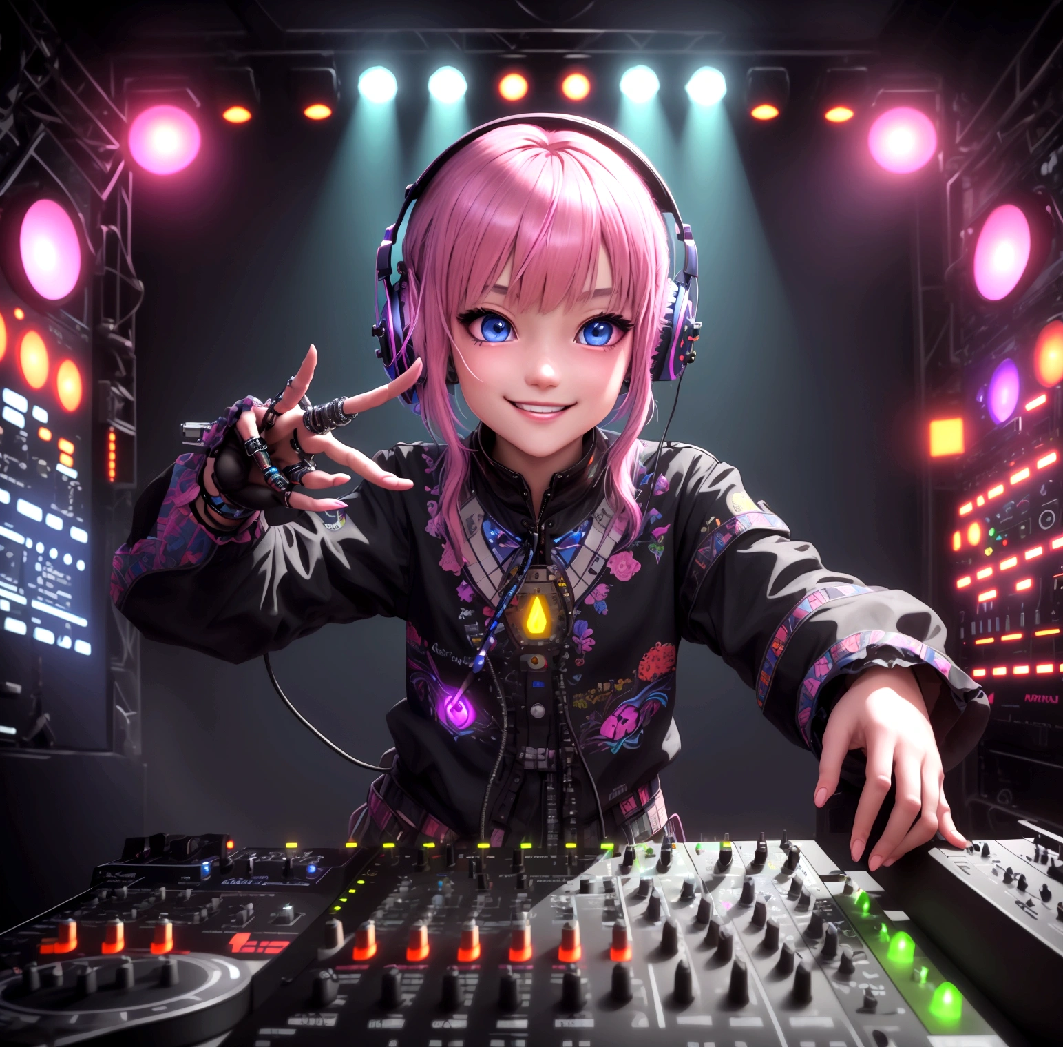 (Masterpiece artwork、maximum quality、8K )、Bird&#39;eye vision、Overhead view camera work、Slender anime guy with boyish short blue hair with bangs and brown eyes beak and headphones, creature,lightning, lightnings de néon, Beauthfull, modern futuristic, rock star, to lock, urgent, perfect, epic, shiny colors, volumetric lighting, better shadows, Shallow depth of field, (of the highest quality, incredible details: 1,25), Brightly colored paintings, chic, magie, wink, sheen, neon garland,Intricate details,ultra details、A girl、Grinning 、(Live Stage:1.3),(record playermixing machine、Sampling Machine、Rhythm Box、mixer,synthesizer、Monitors:1.2),pink back ground、hyperrealisti,perfect Anatomy 