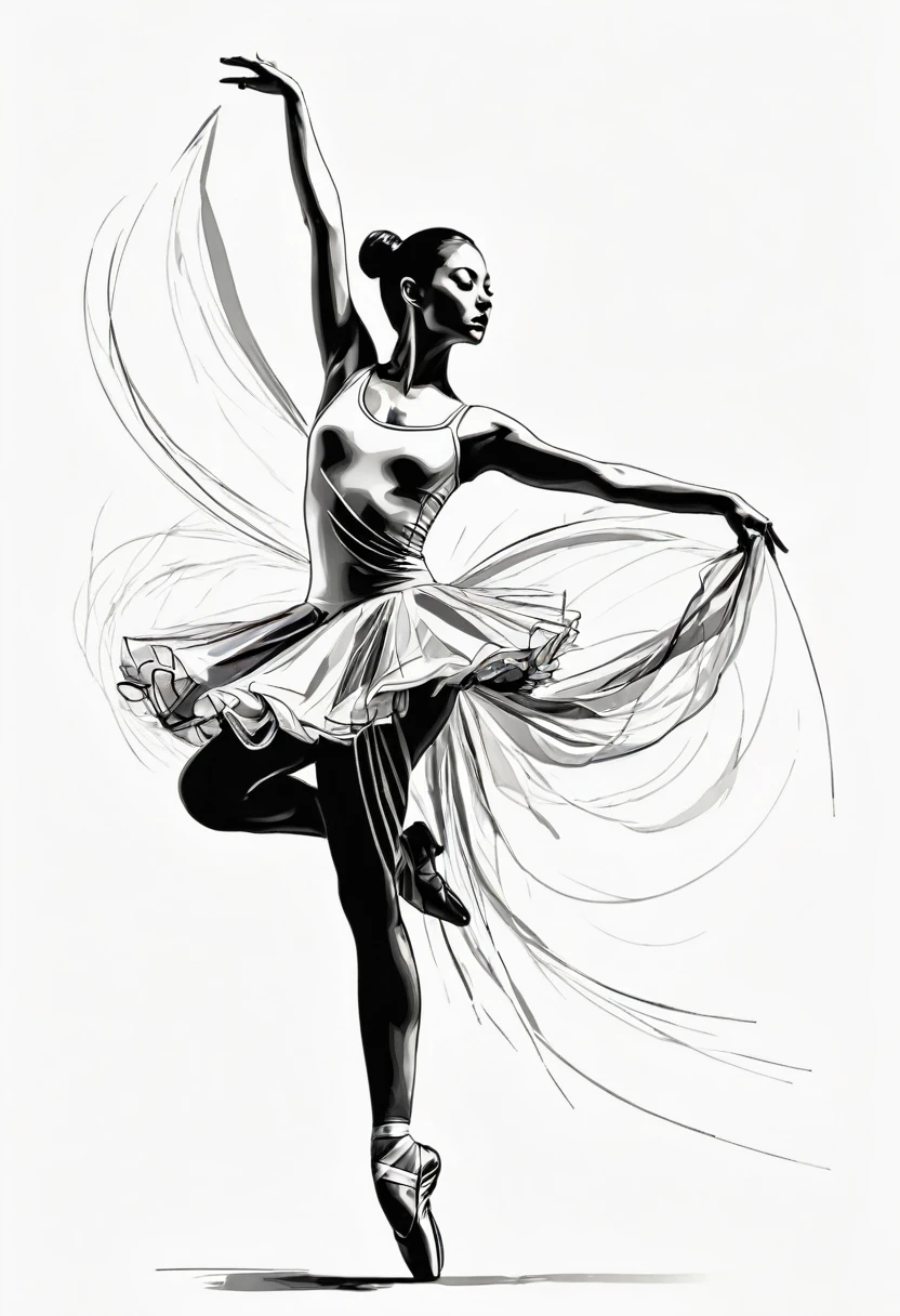 ink画：Drawing of a ballerina stroke.，Slim and straight figure，Extremity stretch，Wrapping gymnastics tapes，flying streamers，Combining strength and femininity。Outline with black ink，soft lines，inkstain出层层的裙子，Multilayer，The ink on the skirt fell out with force，form an arc，Displays characters&#39; Express expressions and postures through ink contrast，The background is simple.，emphasize the light, shadow and space。ink，stain，Sketch，funny，