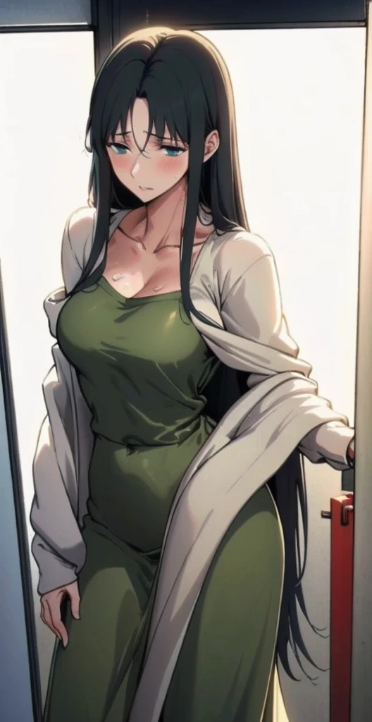 Tōsaka Aoi from "Fate/Zero" standing in a doorway. She has long, straight black hair and a gentle expression. She is wearing a long-sleeved light green dress with a bow at the collar and a white shawl draped over her shoulders. Her hair is slightly damp, indicating she might have been sweating. She is holding the door handle with her left hand, and the door is slightly ajar. The setting is an indoor space, and the lighting is soft, emphasizing her calm and approachable demeanor.