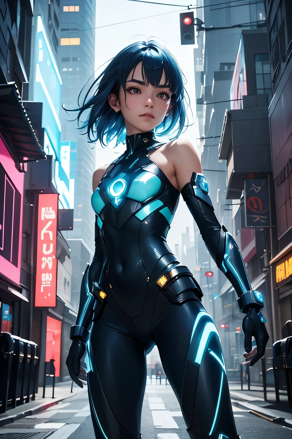 tron, blue hues, neon, portrait, (adult woman), (1girl, solo), using a touch screen, (revealing dress), (small breasts), ((muscular)), (midriff, abs, navel), ( medium hair), green eyes, (happy, smirk, seductive), freckles, detailed skin, (landscape, city), (best quality, high detail), ((masterpiece)), <lora:Cha - Anna v2.0:0.8> , (anna of arendelle),