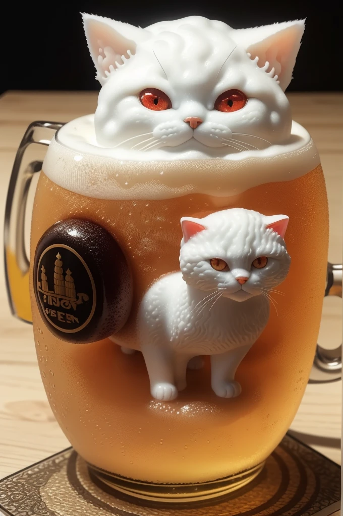 Fantasy beer on an intricate glass, made from cat sculptures, foam in the form of a cat, cat with red eyes, (absurdly charming cute, Standing in honor:1.2), beer foam , (Beer foam texture :1.3),