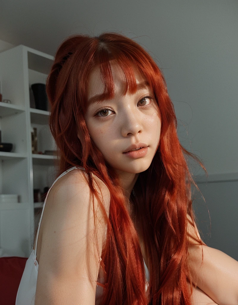 There is a woman with red hair posing for a photo, lalisa manobal, A woman young, she has long curly hair, the hime cut, with long straight red hair, with straight red hair, cabelo rot brilhante, long shiny straight red hair, she has very straight hair, rot, she has red hair, retrato de asuka langley soryu, lalisa manobal, clear and beautiful skin, Pale, delicate asian, ulzzang goodness, long hair with bangs