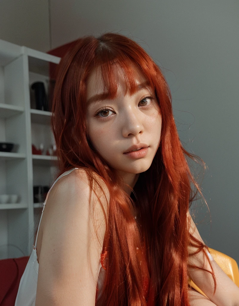 There is a woman with red hair posing for a photo, lalisa manobal, A woman young, she has long curly hair, the hime cut, with long straight red hair, with straight red hair, cabelo rot brilhante, long shiny straight red hair, she has very straight hair, rot, she has red hair, retrato de asuka langley soryu, lalisa manobal, clear and beautiful skin, Pale, delicate asian, ulzzang goodness, long hair with bangs