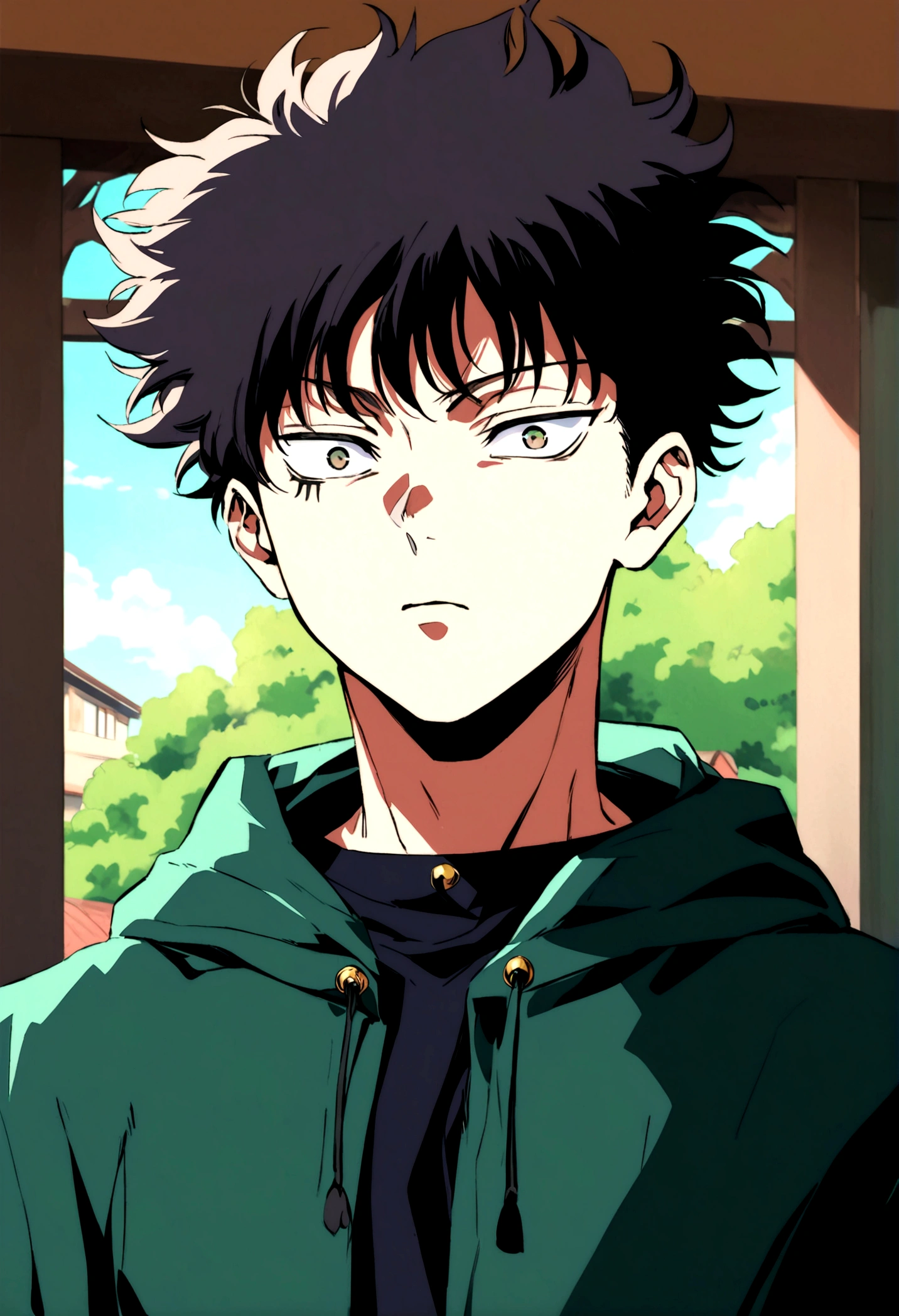 young male, dark fluffy hair, dark green open hoodie, bug theme, eye bags, school background, jujutsu kaisen artstyle