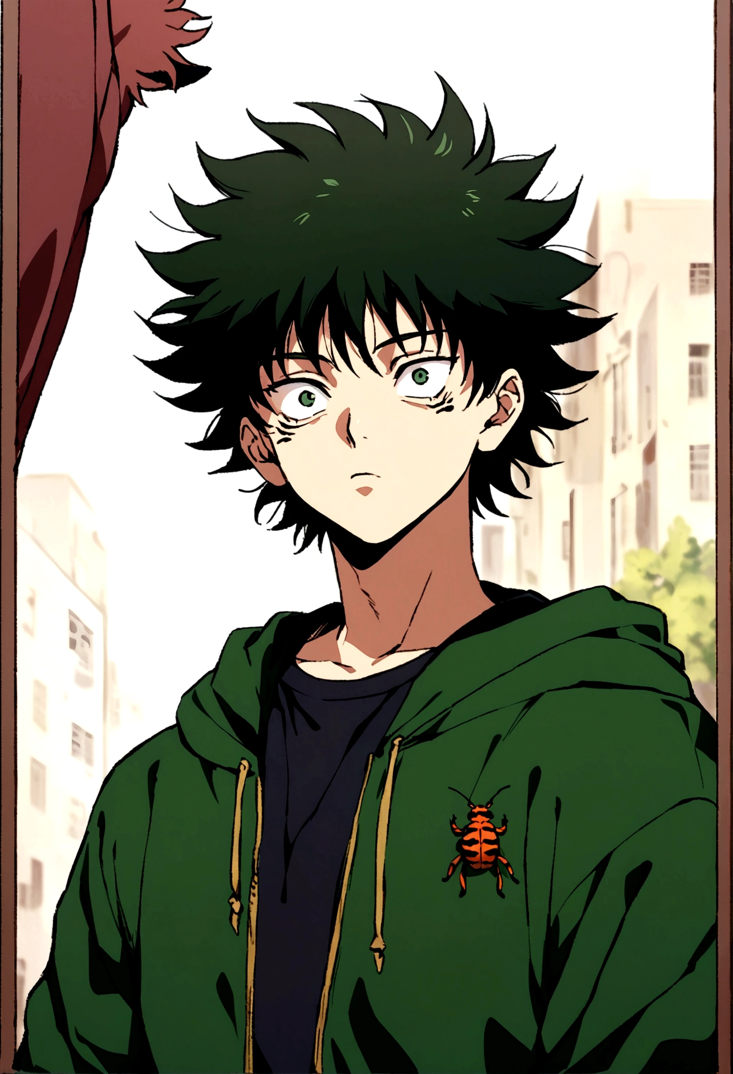 young male, dark fluffy hair, dark green open hoodie, bug theme, eye bags, school background, jujutsu kaisen artstyle