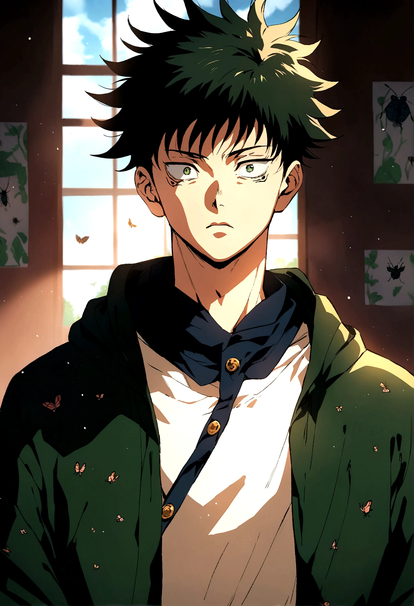 young male, dark fluffy hair, dark green open hoodie, bug theme, eye bags, school background, jujutsu kaisen artstyle