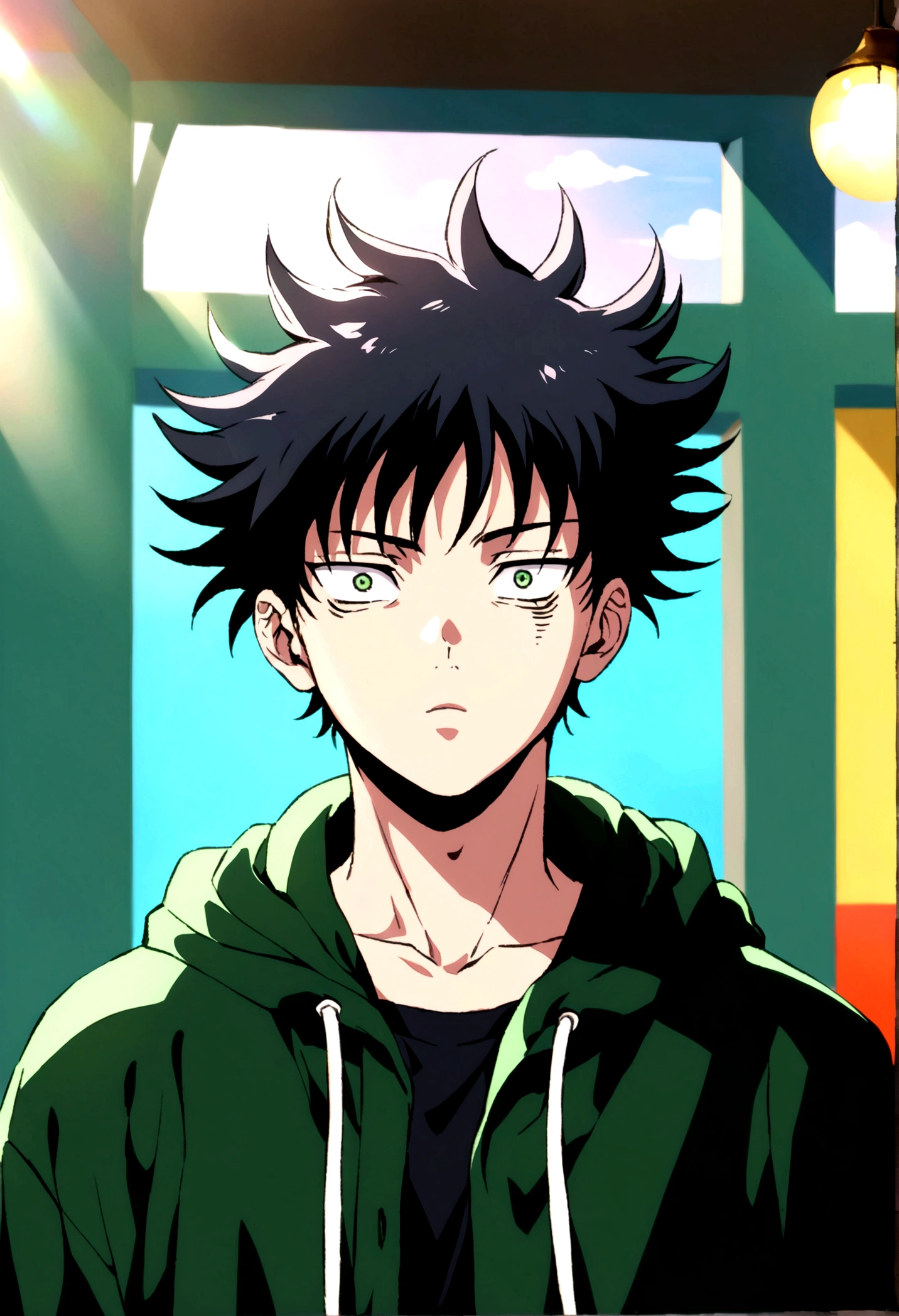 young male, dark fluffy hair, dark green open hoodie, bug theme, eye bags, school background, jujutsu kaisen artstyle