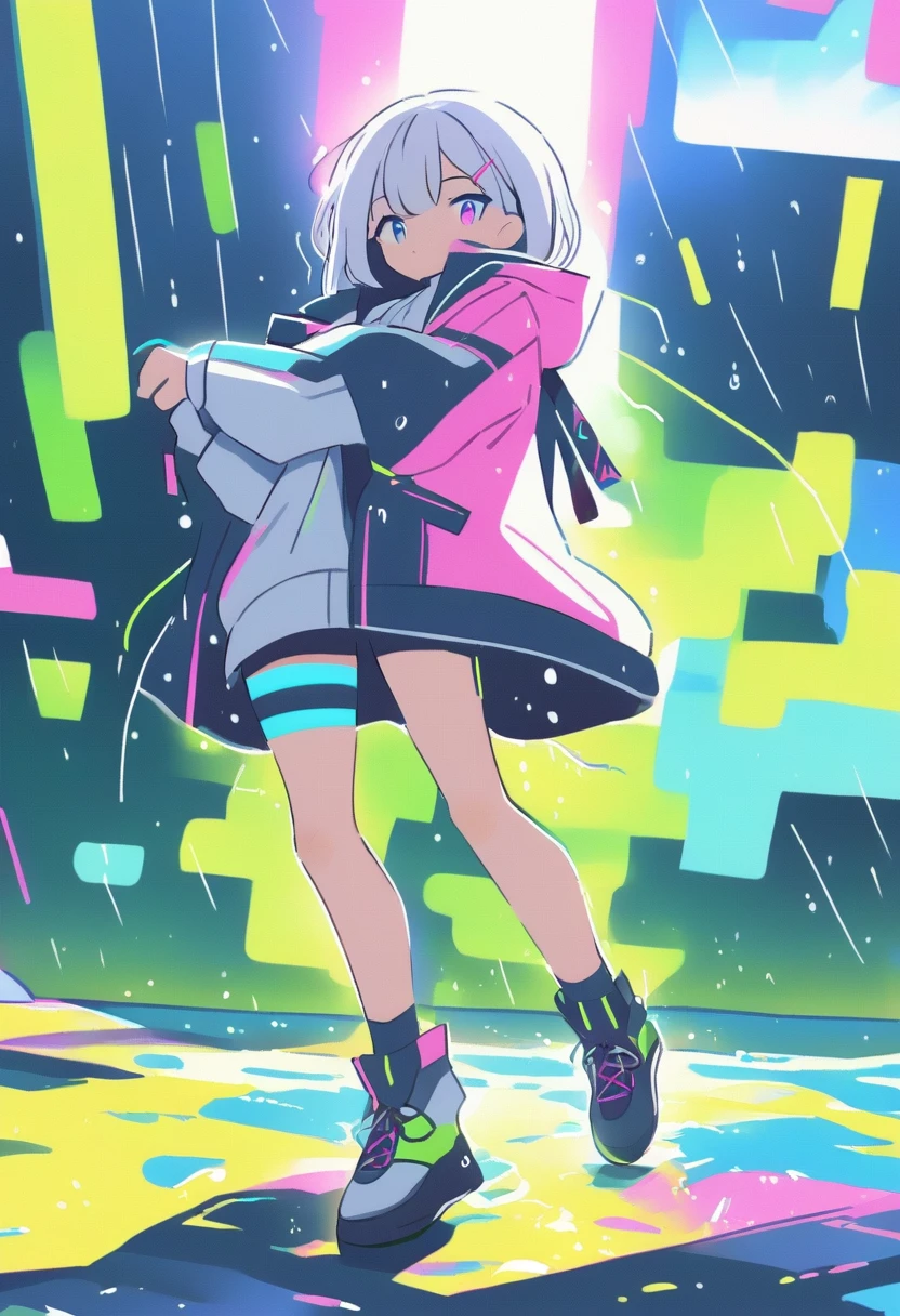 (Masterpiece, Best Quality, high resolution, 32k drive wallpaper, Extremely detailed CG:1), (weak illustration on stage:1.0), ((1 young handsome cyberpunk:1.5 dancing in the rain:1.7 )),(( cyberpunk night city:1.4)), neon signs futuristic cars,dark place rain, ((wet clothes magenta neon lights perfectly illuminating the young man:1.45) . 32k