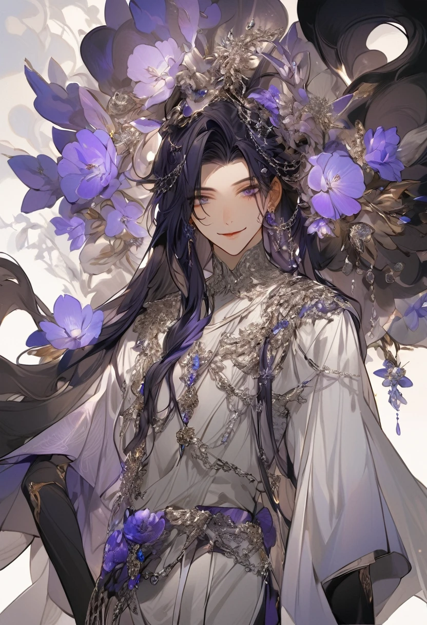 Feminine boy, soft womanish facial features, smile, squinted siren dark blue eyes without glare, silver and dark purple long loose hair with straight bang, fantasy black fit clothes with blue and purple elements, long black gloves, model, gorgeous, elegant, lots of silver jewelry, flowers in his hair, skinny body