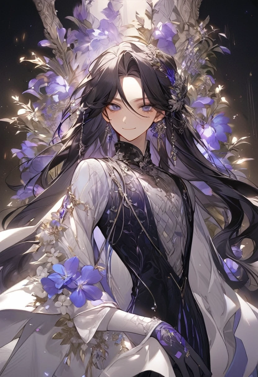 Feminine boy, soft womanish facial features, smile, squinted siren dark blue eyes without glare, silver and dark purple long loose hair with straight bang, fantasy black fit clothes with blue and purple elements, long black gloves, model, gorgeous, elegant, lots of silver jewelry, flowers in his hair, skinny body