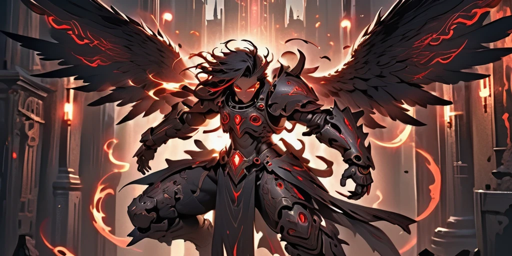 Ancient anime style, artbook, comicbook, RPG, futuristic medieval, steampunk.  A dark angel warrior, wearing medieval technological magic armor with glowing magic markings, dynamic pose, full body, human face with glowing magic tribal tattoos with red tones, angel features, black halo with glowing magic markings, magic red stone skin with glowing carved markings, glowing eyes, using a technological magic long spear with glowing magic circuits.  In a metropolis of a hellish kingdom with advanced technology, with tall buildings with neon details, mixing technology with magical vegetation, steampunk.  Wide scenery, cinematic scene with several layers of depth, dynamics, magical lighting.