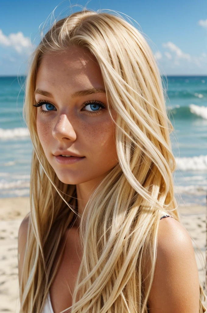 girl on beach. Beautiful blonde, long blonde hair, long eyelashes and freckles on her skin 