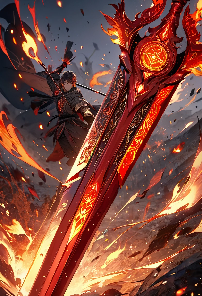 an extremely detailed 4k picture of just a 2 handed spear weapon made of red steel and covered in fiery runes