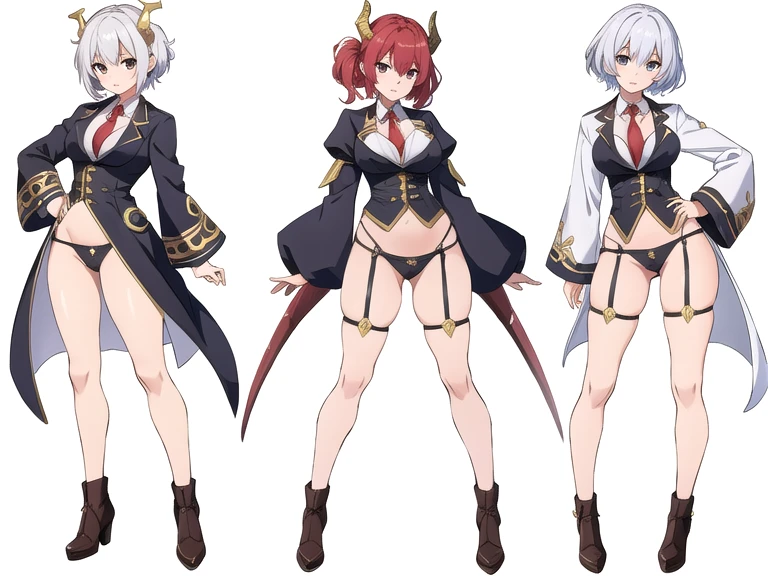 4 girls, variety of hairstyles, ((white background)), (((full body))), multiple views, dragon horn, thong, cleavage, short tie, sleeves, highleg,