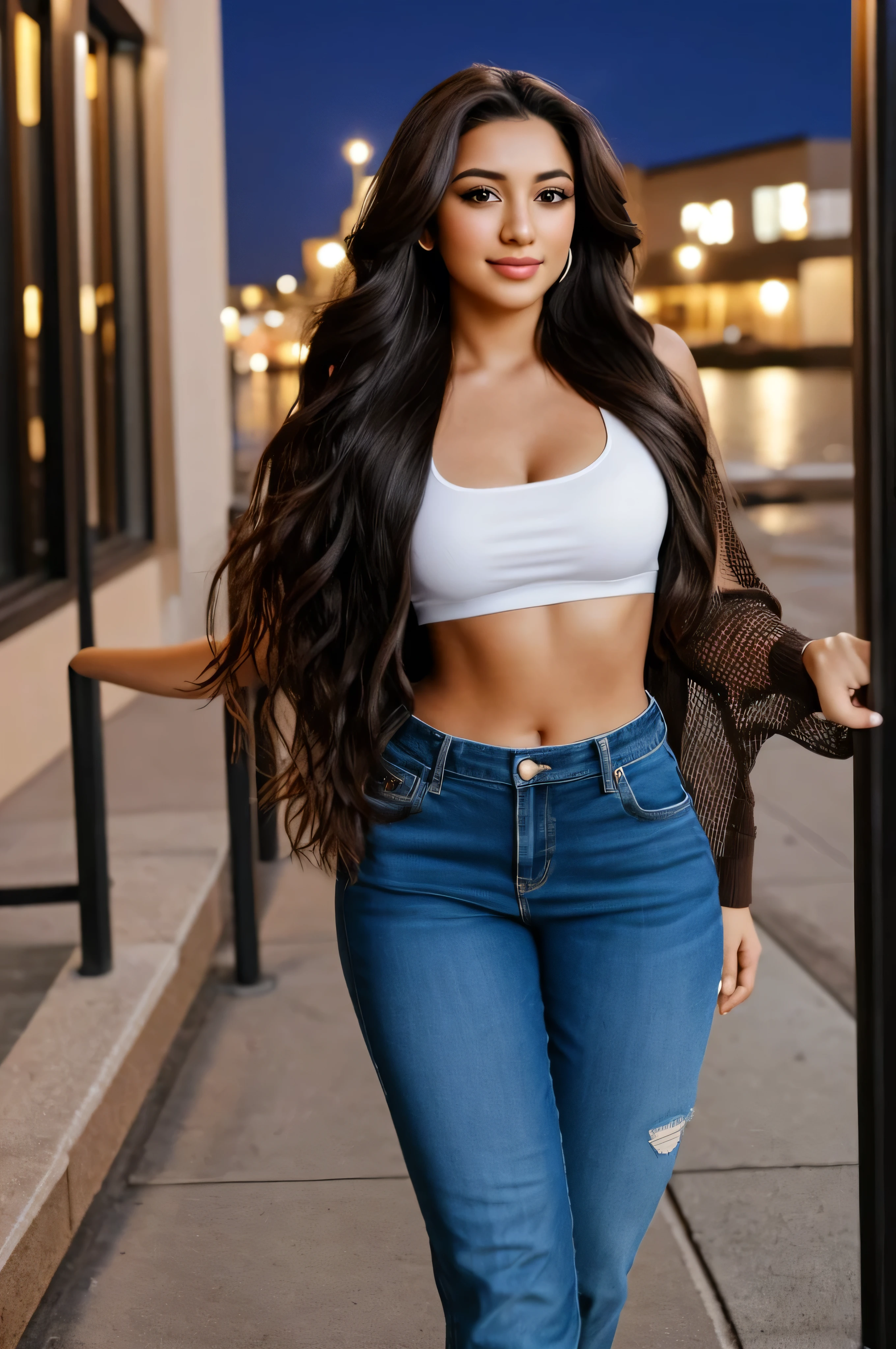 1 girl, age 25, long hair, hispanic, brown eyes, full body, realistic, with friends, nightlife