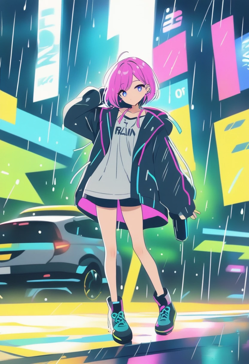 (Masterpiece, Best Quality, high resolution, 32k drive wallpaper, Extremely detailed CG:1), (weak illustration on stage:1.0), ((1 young handsome cyberpunk:1.5 dancing in the rain:1.7 )),(( cyberpunk night city:1.4)), neon signs futuristic cars,dark place rain, ((wet clothes magenta neon lights perfectly illuminating the young man:1.45) . 32k