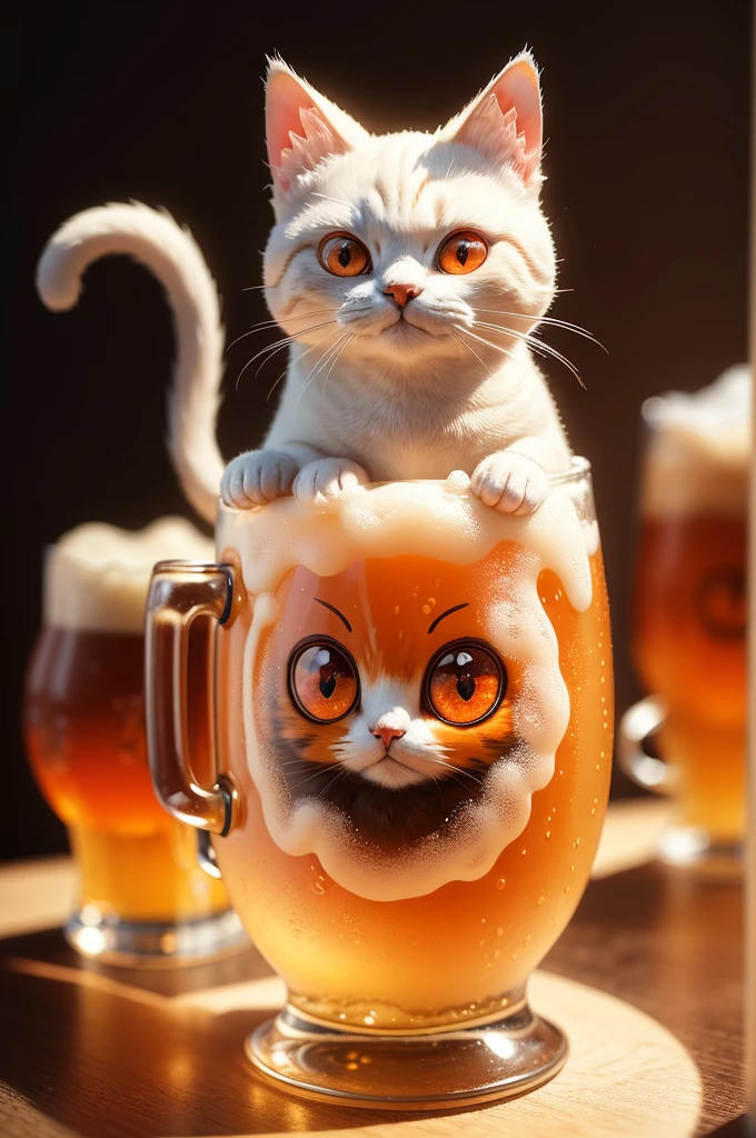 Fantasy beer on an intricate glass, made from cat sculptures, foam in the form of a cat, cat with red eyes, (absurdly charming cute, Standing in honor:1.2), beer foam , (Beer foam texture :1.3),