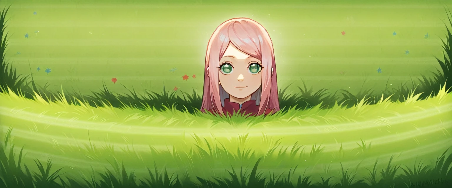 (masterpiece), (best quality), sakura haruno (naruto), best quality, ultra detailed, 1girl, solo, standing, pink hair, long hair, green eyes, small breasts, cute look, smile, looking at the viewer, (grass background, 1:3)