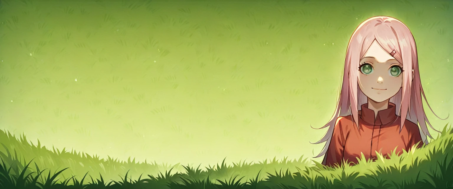 (masterpiece), (best quality), sakura haruno (naruto), best quality, ultra detailed, 1girl, solo, standing, pink hair, long hair, green eyes, small breasts, cute look, smile, looking at the viewer, (grass background, 1:3)