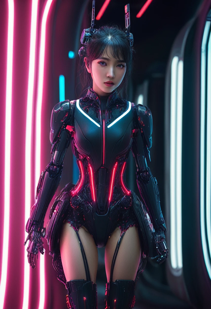 xxmixgirl. Highly detailed professional 35mm film, bokeh, face in sharp focus. A robotic female, Miku, with ((metal skin)), ((perfect Asian eyes)) with magenta irises and ((black pupils)), beautiful serious (detailed face), 18 year old ((photorealistic face)), very long magenta twin tails of magenta hair, twin black hair ties with a single red stripe. She may have a black audio headpiece. We can see her ((full body)) down to her boot soles. Her outfit is a sleeveless collared light grey shirt, outlined in red around the frilled collar and hems. Shiny reflective ((metallic breast cups, dimpleless)), invisible nipples. She wears black sleeves with red hems that start around her upper arm and bellow out as the sleeves open and extend to her wrists, with wide trumpet red rimmed cuffs. She has perfect robotic (detailed hands). She wears a red colored tie with two horizontal solid parallel black lines halfway across. She wears a fabric black skirt with a horizontal red hem at the bottom all the way around; her (((black skirt wraps around her))) and ((her skirt completely covers)) her robotic waist and thighs. Tall black boots with red bottom soles, a red rim around the top at her thighs. Her mechanical shoulder joints are visible. We can see her robotic legs and robotic neck. Half of her is covered with shiny polished machinery. The background is a distant dark neon futuristic Japanese city, gold, cyan, violet neon, near harbor or mountains.