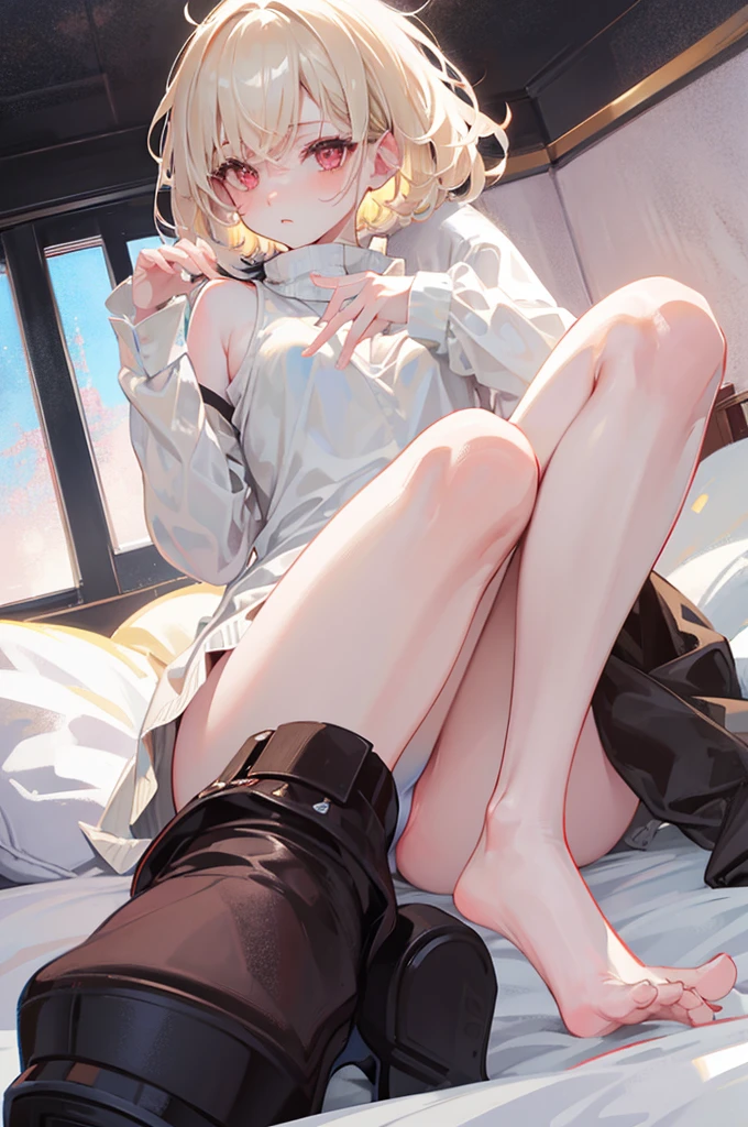 short hair、Light cream colored hair、Pale red eyes、On the bed、Blushing、M-shaped legs、Random pose、Looks like she's about to cum、Glamorous expression、Blushing、Red underwear、Cute underwear、Undressing、、Bedroom、On the bed、M-shaped legs、Random pose,Show your pants、short hair、Light cream colored hair、Pale red eyes、night、night、Not wearing a bra、、Blushing、lipstick、Perfect hands、Detailed hands、Bedroom、On the bed、hand bra