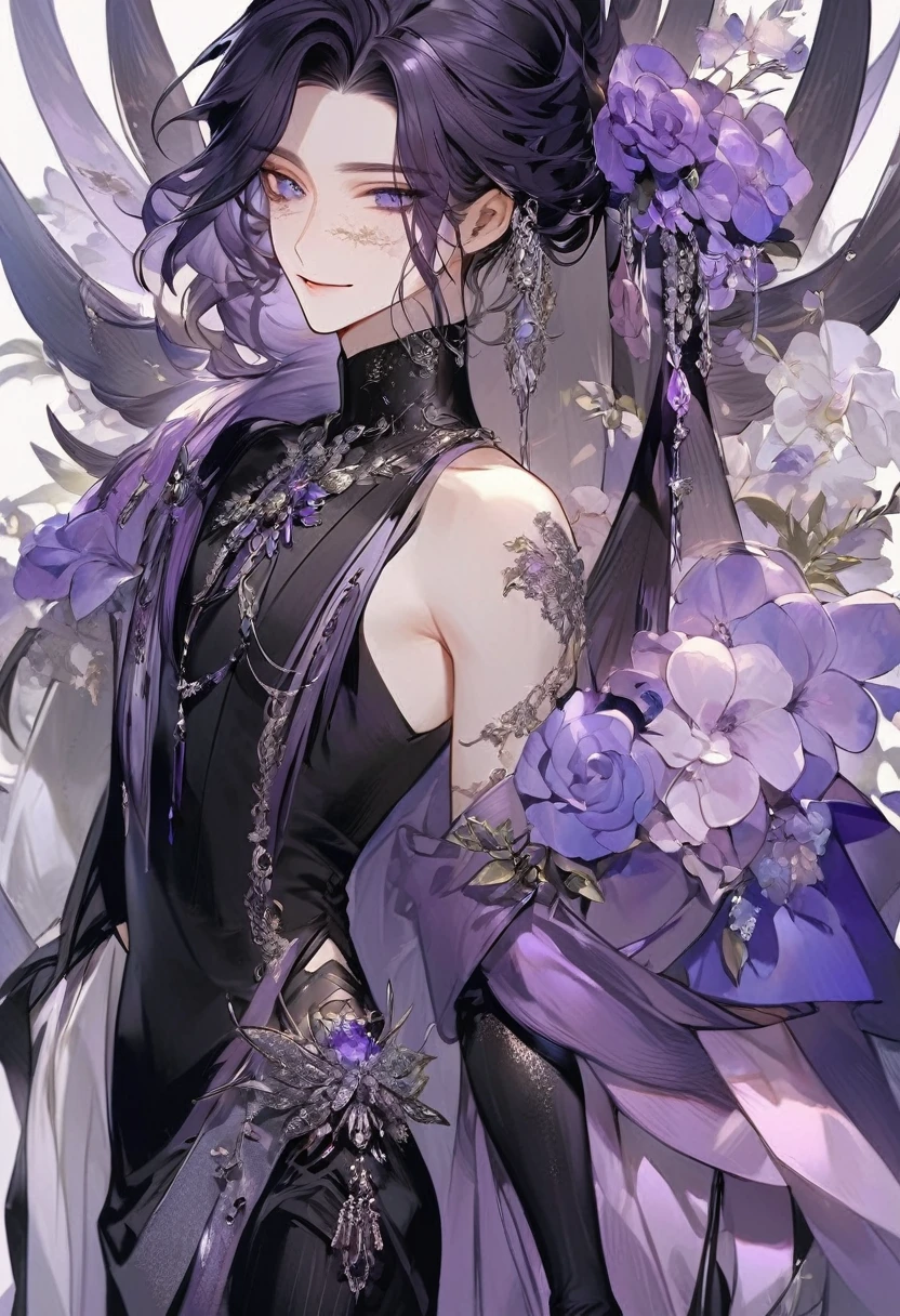 Feminine boy, soft womanish facial features, smile, squinted siren dark blue eyes without glare, silver and dark purple long loose hair with straight bang, fantasy black fit clothes with blue and purple elements, long black gloves, model, gorgeous, elegant, lots of silver jewelry, flowers in his hair, skinny body