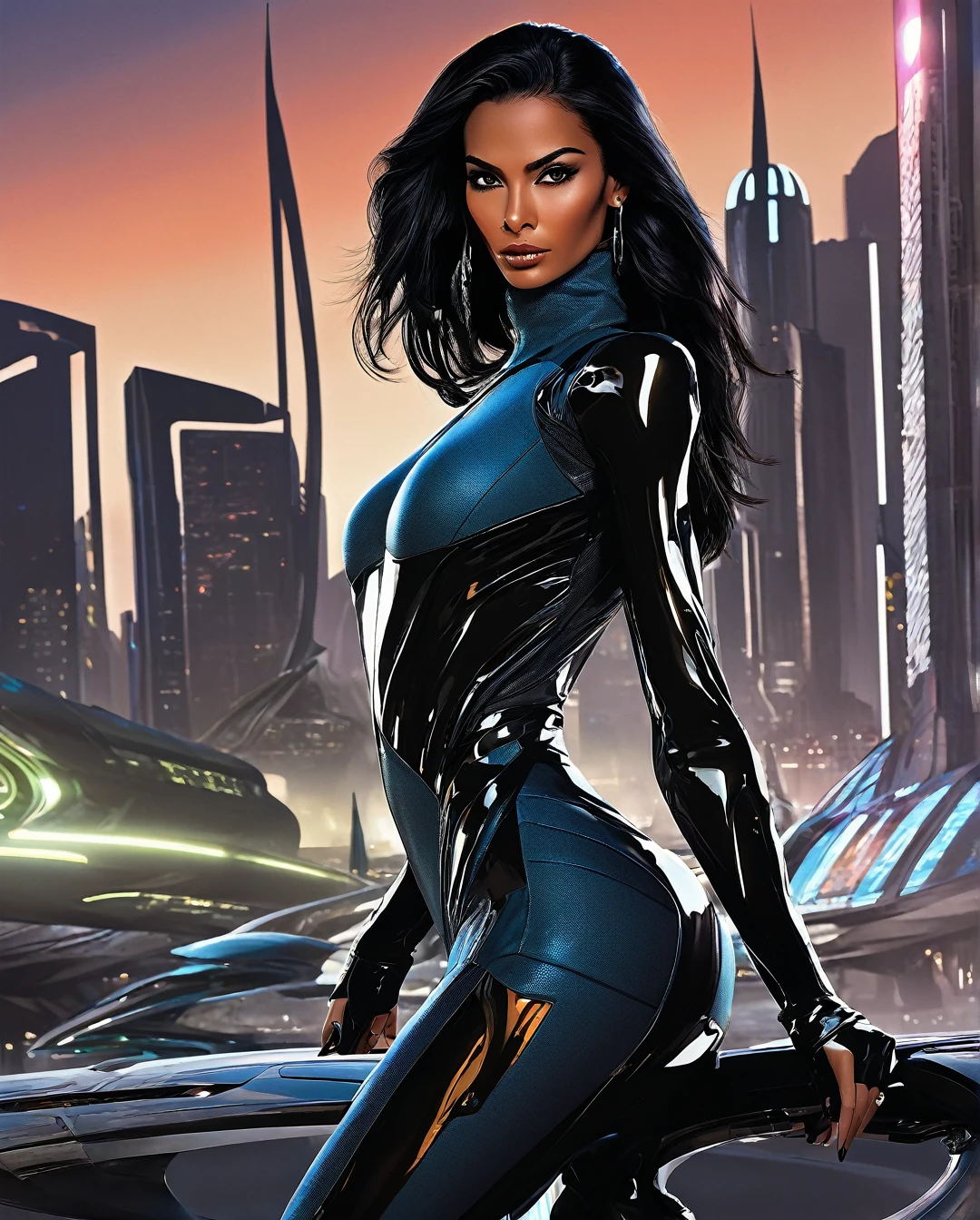A gracefully dangerous Saudi Arabian woman, with light brown tan skin, brown eyes, and black hair, appears as an assassin and spy in a futuristic Alien planet city and landscape. The image depicts her in sleek, advanced attire that blends seamlessly with the alien surroundings. Every detail bursts with life amid the futuristic decay: her attire is a mix of high-tech and cultural elements, her eyes shine with cunning determination, and her movements exude deadly grace. The scene captures a perfect balance of elegance and danger, drawing viewers into a thrilling tale of intergalactic espionage.., Very colorful,
Best Improvisation, ((Norman-Ackroyd style!)), ((perfect full body detail)), magic naive art, primitivism, protogen, crimson
, ((best quality, Masterpiece)), ((Highest detail)), RAW:1,1, 8k