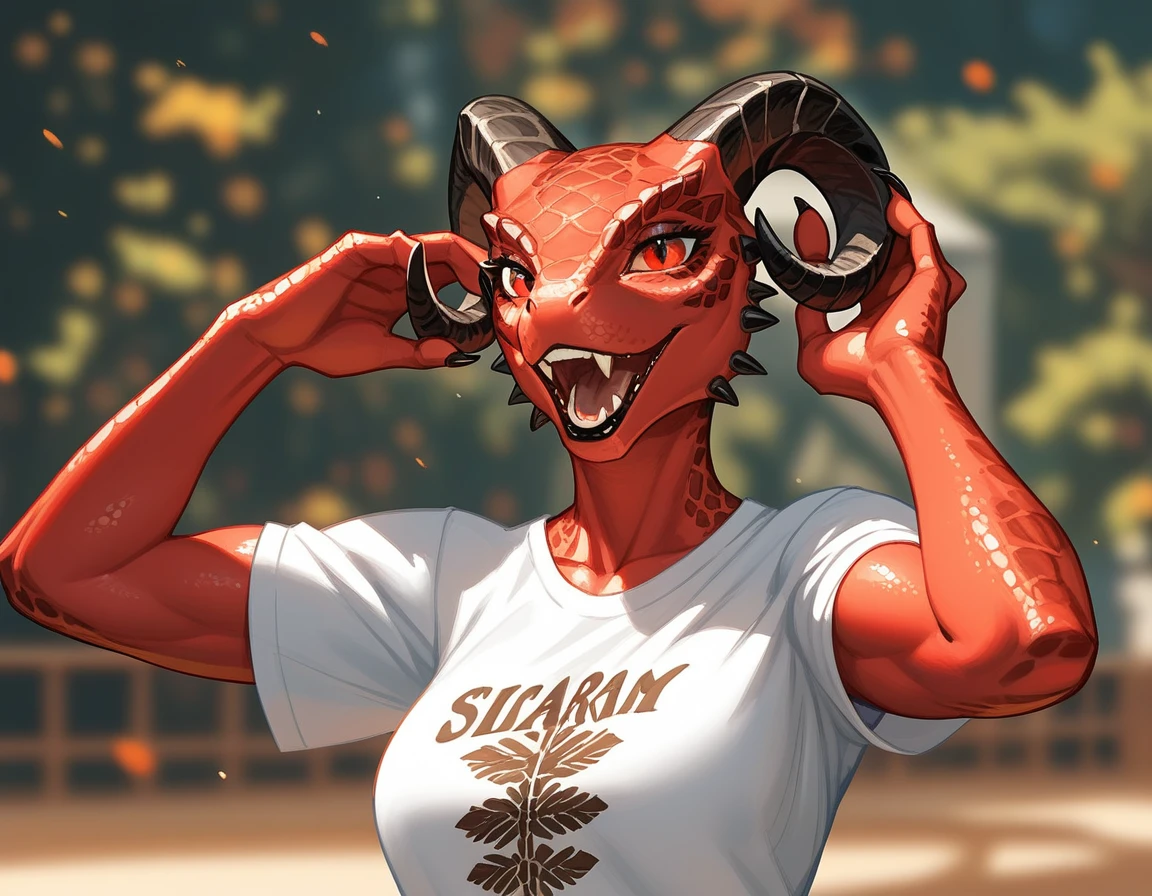 Solo, score_9,score_8_up,score_7_up, anthro Argonian female from skyrim, Anthro reptile girl, snout, red scaled skin, red eyes, black lips, black horns, black ram horns, athletic body, wearing brown laced peasants shirt, she is holding something off screen, arms reached out, smiling, laughing 