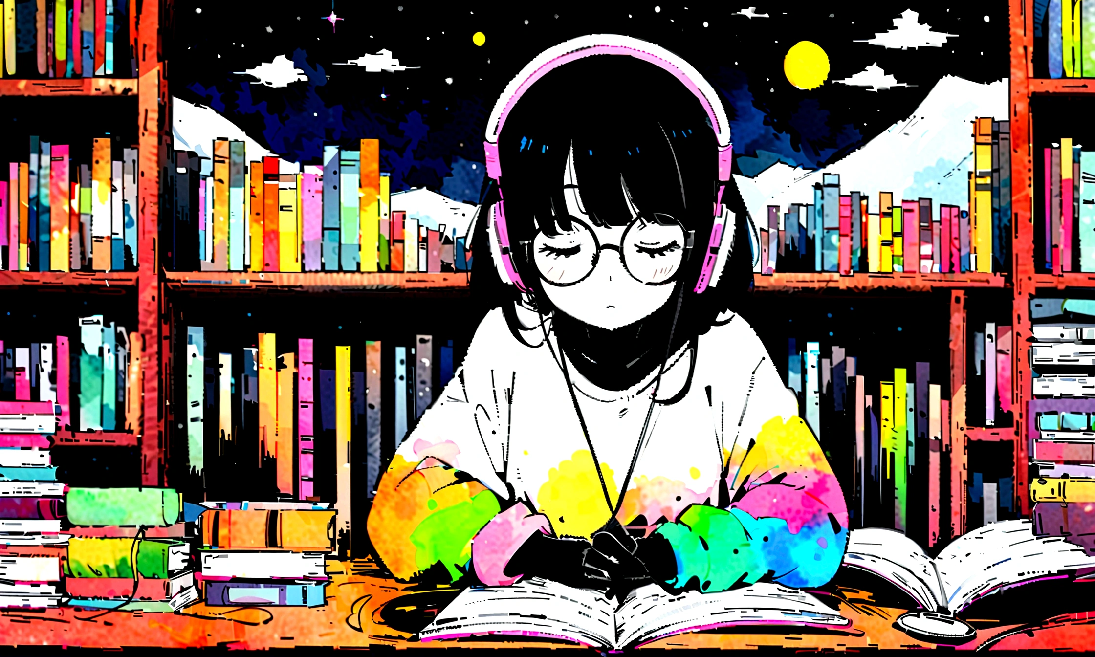 masterpiece, high quality cg, black anime, illustration, best quality, 1 black girl, black skin, no hands visible, beautiful face, detailed face, correct hand shape dokkaebi, solo, looking at viewer, black hair, round glasses , hair behind the ears, anime girl studyin,dita g in her room, dreaming, wearing headphones, too many books, bookshelves, night light, big window view, snowy day, too much snow. Analog color theme. Lo-Fi Hip Hop, retrospective flat. 2.5D. Line Drawing, Ink Painting, Big Gradient, Watercolor Painting, Goose Color, Studio Ghibli Style, Cool Colorful, Outer Color, krautrock, lofi art, 70's style, old textures, amplitude, psychedelic vibes, masterpiece, Amazing technology. dita complete delle mani mani perdfette