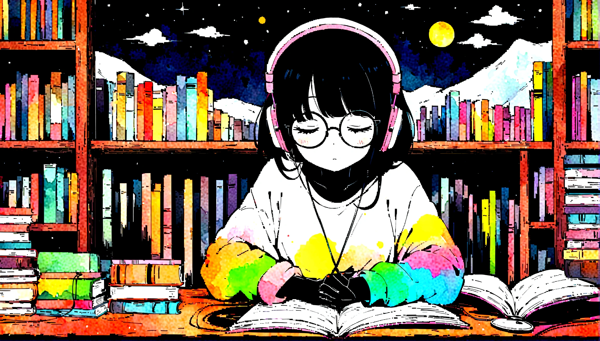 masterpiece, high quality cg, black anime, illustration, best quality, 1 black girl, black skin, no hands visible, beautiful face, detailed face, correct hand shape dokkaebi, solo, looking at viewer, black hair, round glasses , hair behind the ears, anime girl studyin,dita g in her room, dreaming, wearing headphones, too many books, bookshelves, night light, big window view, snowy day, too much snow. Analog color theme. Lo-Fi Hip Hop, retrospective flat. 2.5D. Line Drawing, Ink Painting, Big Gradient, Watercolor Painting, Goose Color, Studio Ghibli Style, Cool Colorful, Outer Color, krautrock, lofi art, 70's style, old textures, amplitude, psychedelic vibes, masterpiece, Amazing technology. dita complete delle mani mani perdfette