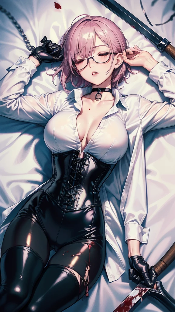 ((blood droplets)), ((blood)), ((blood splatter)), ((blood on clothes)), ((blood stain)), Masterpiece, Beautiful art, professional artist, 8k, art style by sciamano240, Very detailed face, Detailed clothing, detailed fabric, 1 girl, View from above, lying completely on the ground, perfectly drawn body, dead expression, lifeless, pale skin, beautiful face, short ponytail hair, Closed eyes, pink cheeks, glasses, choker:1.6, (white collar button down long sleeve shirt), black gloves, gloves that cover hands, (holding an ax in his right hand), (black leather corset), (shiny black leggings), Sensual Lips , evening de invierno, Dark road, Snowy forest, evening, Atmosphere, snow