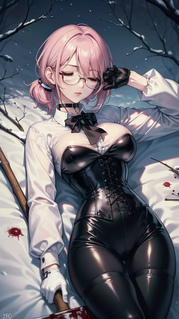 ((blood droplets)), ((blood)), ((blood splatter)), ((blood on clothes)), ((blood stain)), Masterpiece, Beautiful art, professional artist, 8k, art style by sciamano240, Very detailed face, Detailed clothing, detailed fabric, 1 girl, View from above, lying completely on the ground, perfectly drawn body, dead expression, lifeless, pale skin, beautiful face, short ponytail hair, Closed eyes, pink cheeks, glasses, choker:1.6, (white collar button down long sleeve shirt), black gloves, gloves that cover hands, (holding an ax in his right hand), (black leather corset), (shiny black leggings), Sensual Lips , evening de invierno, Dark road, Snowy forest, evening, Atmosphere, snow