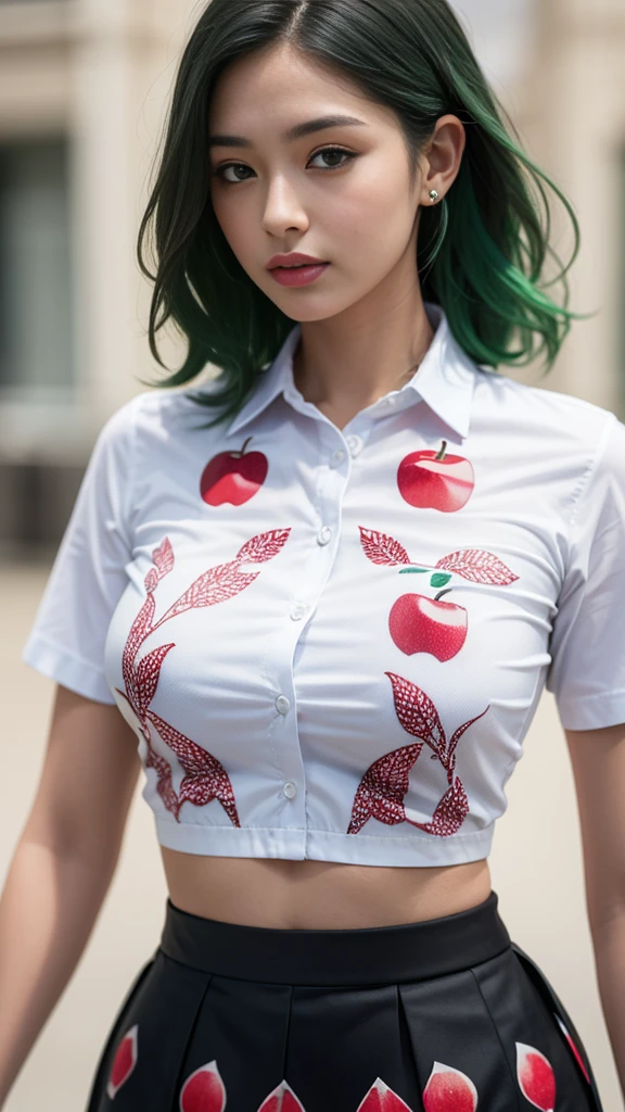 (best quality,16k,high-res,masterpiece:1.2),ultra detailed,UHD,(realism,photorealistic),(1woman:1.4, 22-year-old), brown_eyes, ((Fujicolor, daytime,soft lighting),(firm normal breasts),(perfect proportions),(anatomically correct),(curly green hair,(slicked to the side),insanely Details). BREAK,white blouse (red_apple printed on shirt:1.2),,,, BREAK, ((black skirt:1.4)),